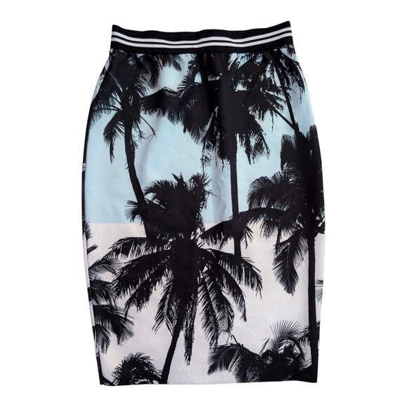 Zara Trafaluc Black and White Palm Print Elastic Waist Midi Skirt Size M - Picture 2 of 3